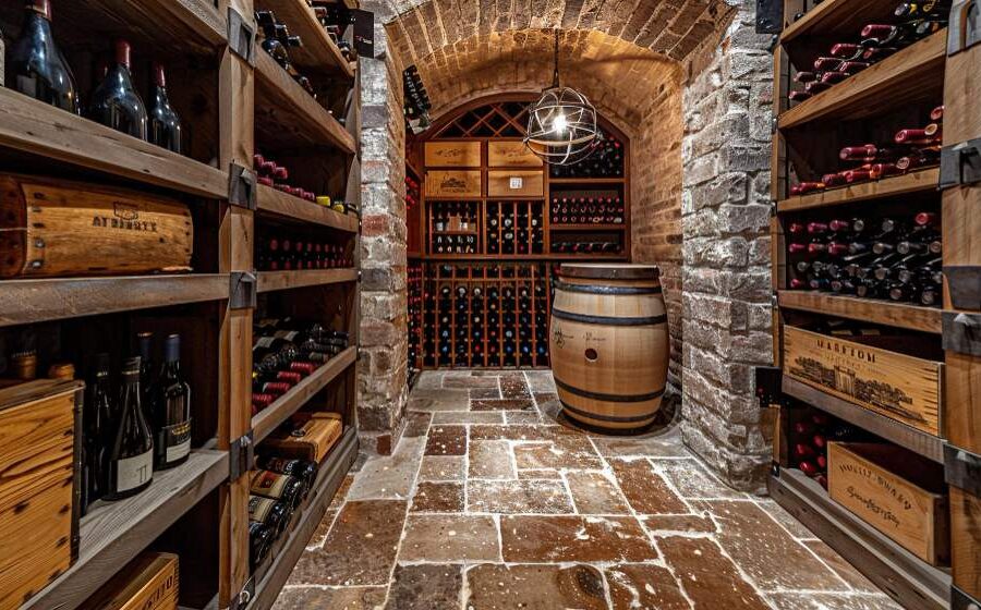 cave à vin en pierre avec bouteilles rangées