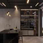 Bar et cuisine de luxe avec un stockage de vin moderne et un éclairage élégant