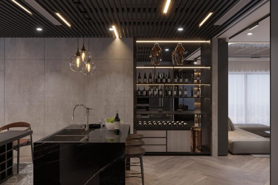 Comment recréer l’univers de la viniculture chez soi ? Bar et cuisine de luxe avec un stockage de vin moderne et un éclairage élégant