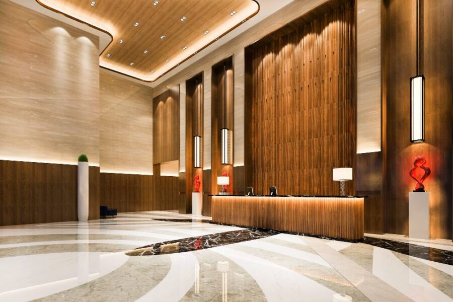 Comment sublimer les espaces communs d’un hôtel ? Salle de réception d'hôtel de luxe et restaurant lounge avec plafond haut