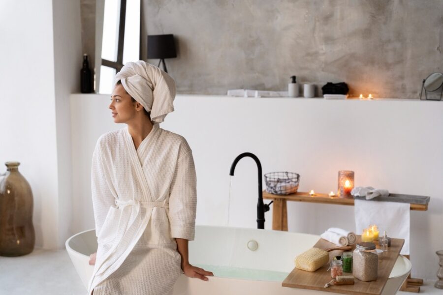 Femme en peignoir blanc assise sur une baignoire dans une salle de bain spa moderne avec bougies, produits de soin et lumière tamisée
