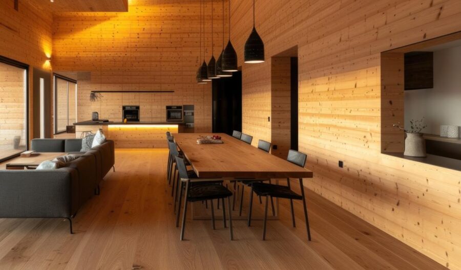 Intérieur de maison en bois photoréaliste avec décor et meubles en bois