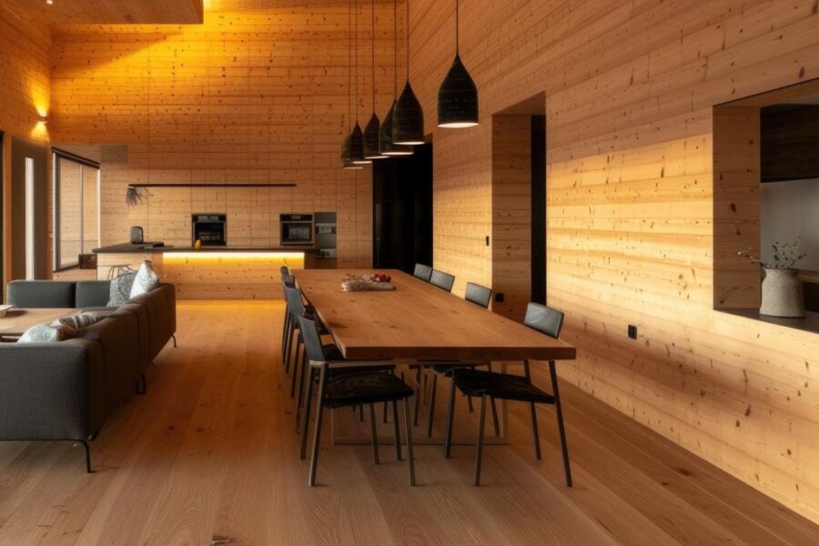 Intérieur de maison en bois photoréaliste avec décor et meubles en bois